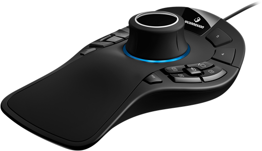 Fekete 3Dconnexion SpaceMouse gombokkal, navigációs gombbal és sötét felülettel.
