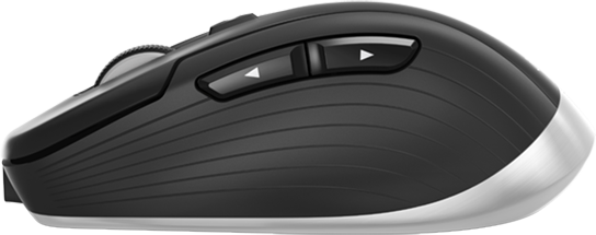 Fekete-ezüst vezeték nélküli egér. Van rajta görgő és két oldalsó gomb. A dizájn ergonomikus.