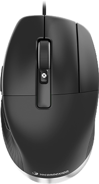 Fekete ergonomikus egér ezüst díszítéssel és görgővel.