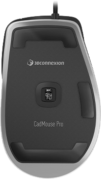 Fekete számítógépes egér, talp felfelé, kábellel. A márka a 3dconnexion, a modell a CadMouse Pro.