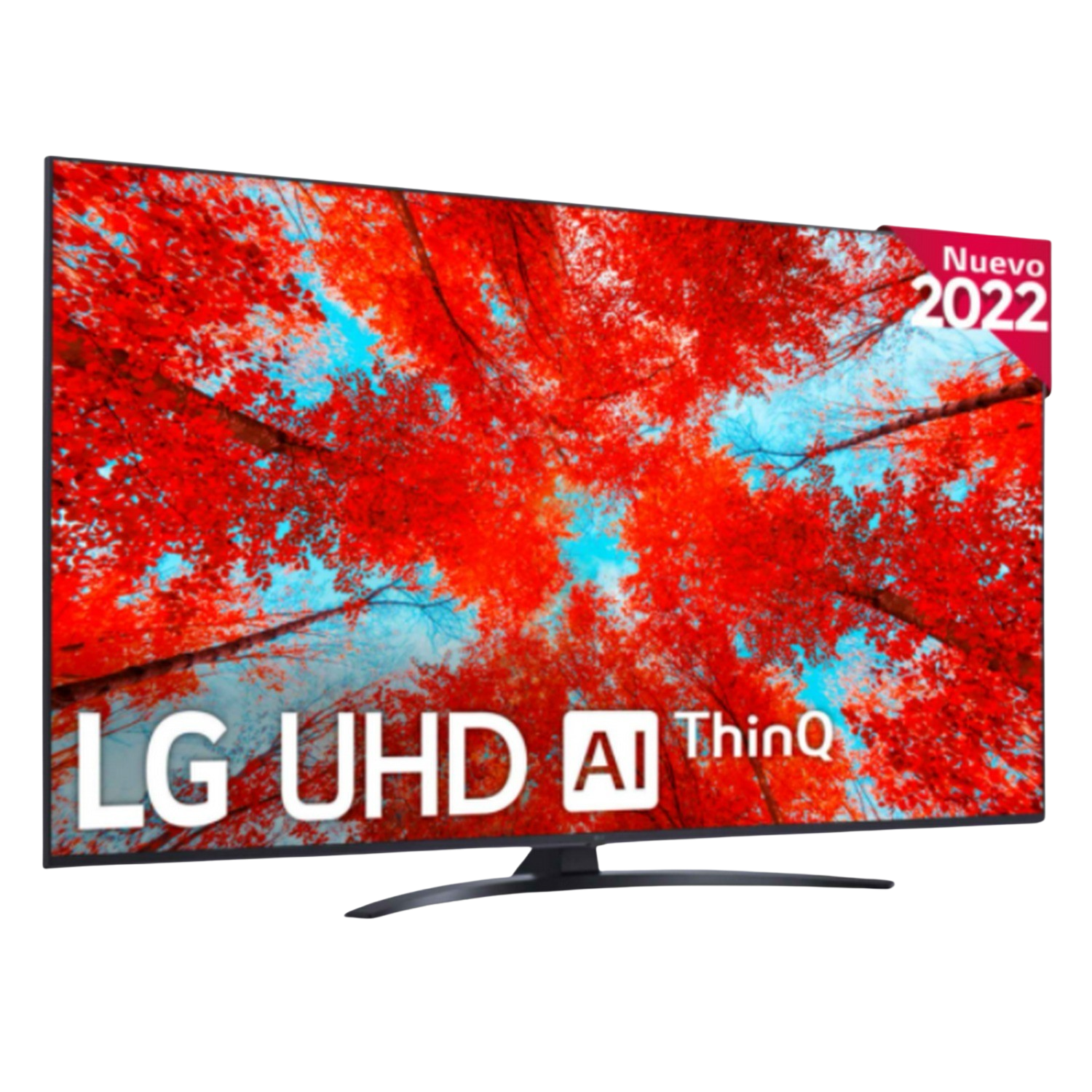 Televisor LG UHD, árboles rojos de otoño, texto: LG UHD AI ThinQ, Nuevo 2022.