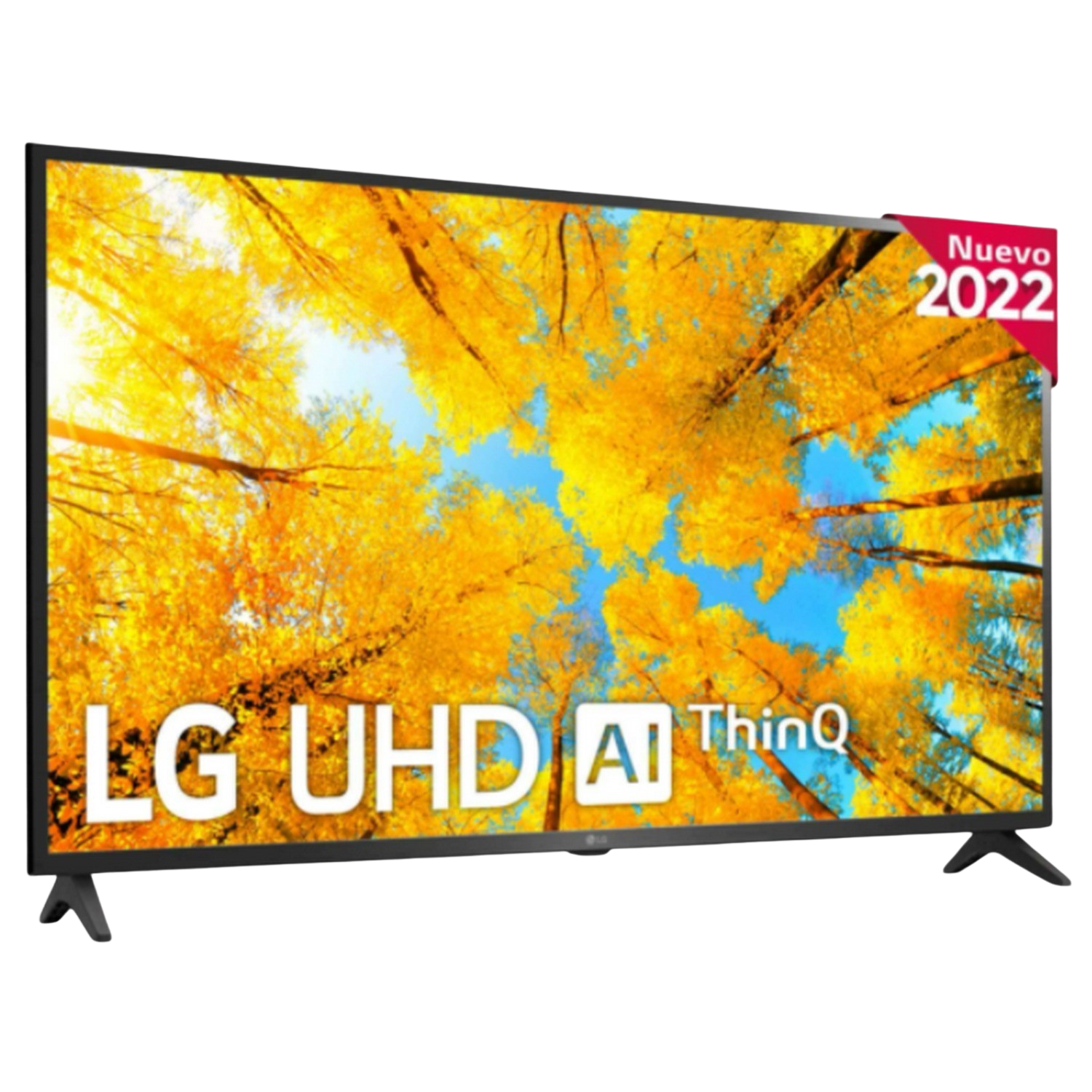 TV LG mostrando una vibrante escena de bosque otoñal, con una pegatina 'Nuevo 2022'.