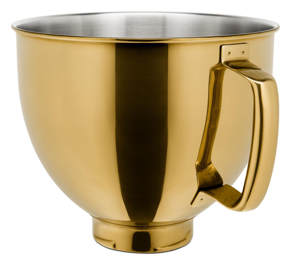 Eine goldene Edelstahl-Rührschüssel mit Griff.