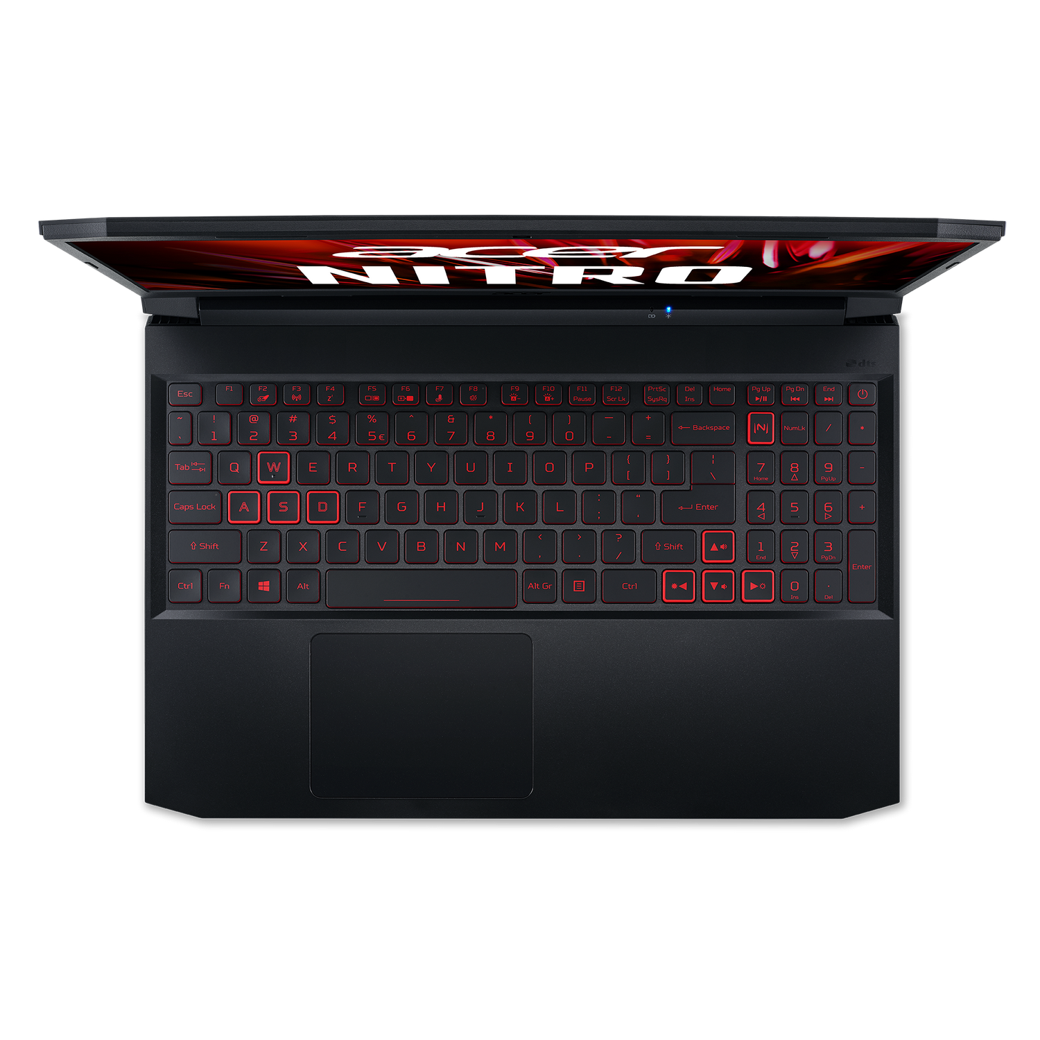 Teclado de portátil, vista superior, negro con teclas rojas. Marca 'NITRO' visible.