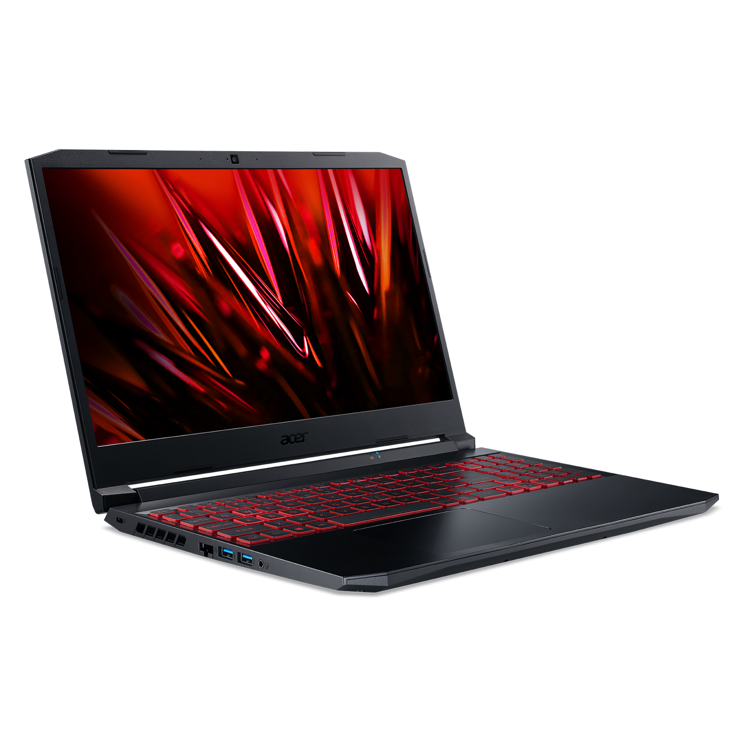 Portátil negro con teclado retroiluminado rojo, sobre superficie negra.