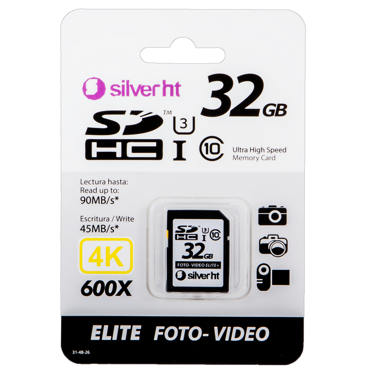 Tarjeta SDHC - SilverHT Elite 633X 15707, 32 GB, Lectura 95 MB/s, Escritura 45 MB/s, Clase 10, UHS-I U3, Negro