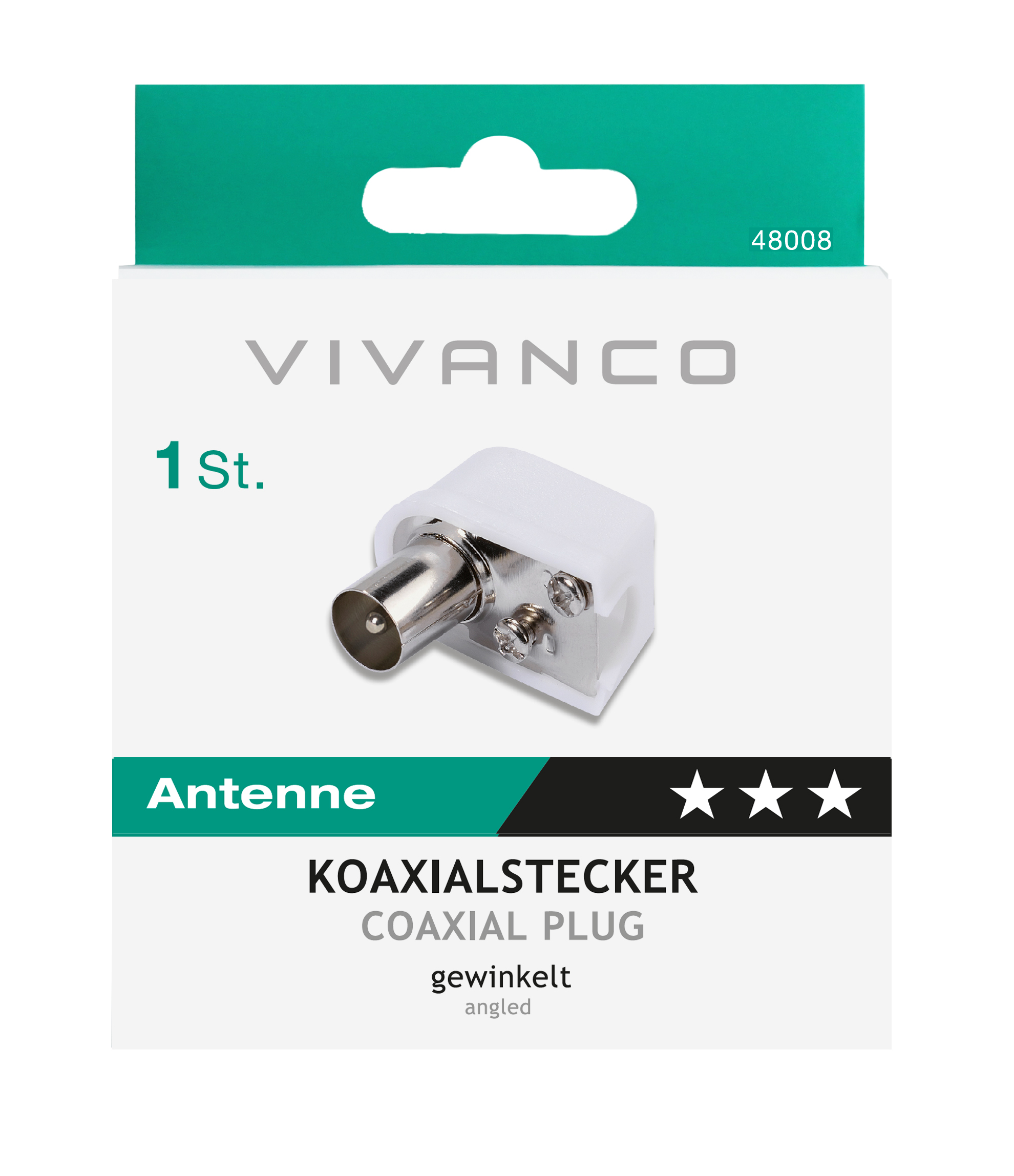 Vivanco Koaxialstecker. Weißer und silberner Stecker mit grünem Etikett. Koaxialstecker.