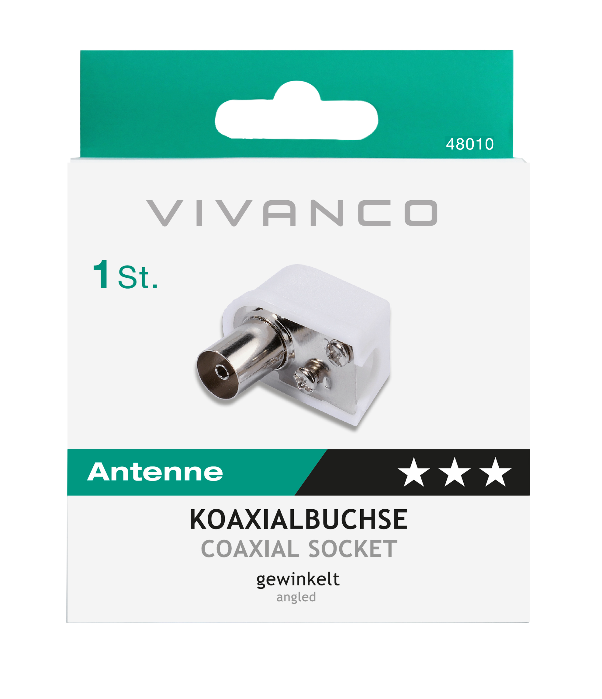 Weißer Koaxialstecker mit abgewinkeltem Design und Verpackung.