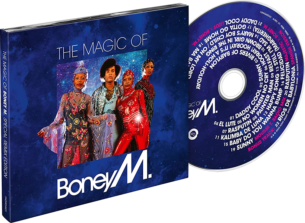 Boney M. album borítója egy CD-vel. A borítón a zenekar tagjai láthatók.