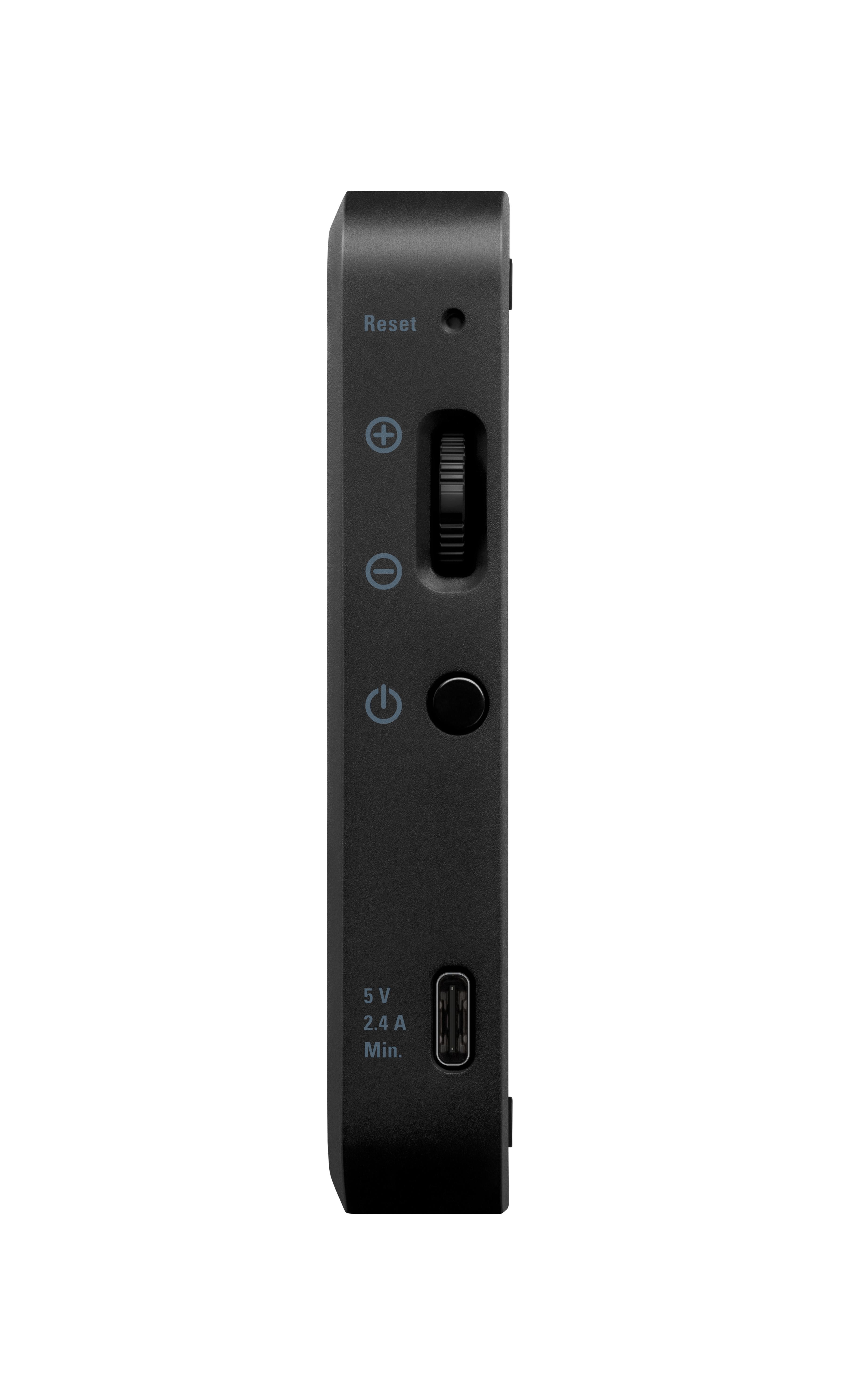 Ein schwarzes Gerät mit Knöpfen, einem Drehregler und einem USB-Anschluss an der Seite.