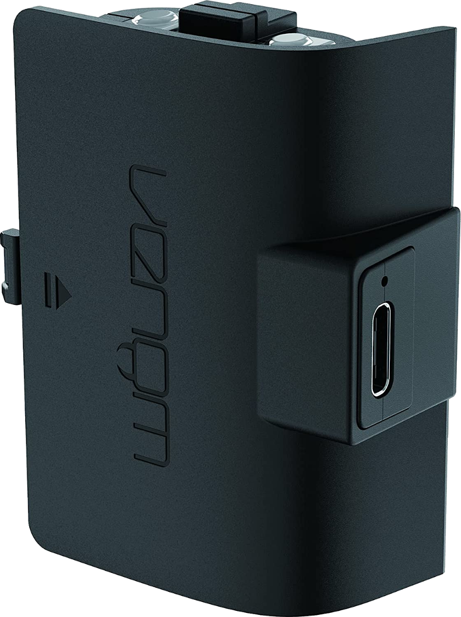 Fekete Venom akkumulátortöltő USB-C porttal és rögzítőcsipesszel.