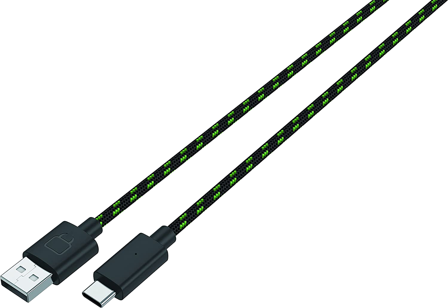Két USB-C töltőkábel, fekete zöld díszítéssel, fehér háttéren.
