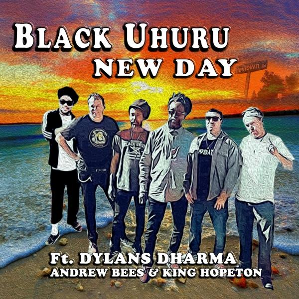 Albumhoes: Black Uhuru met andere muzikanten op een strand. Tekst zegt "New Day" en namen van artiesten.