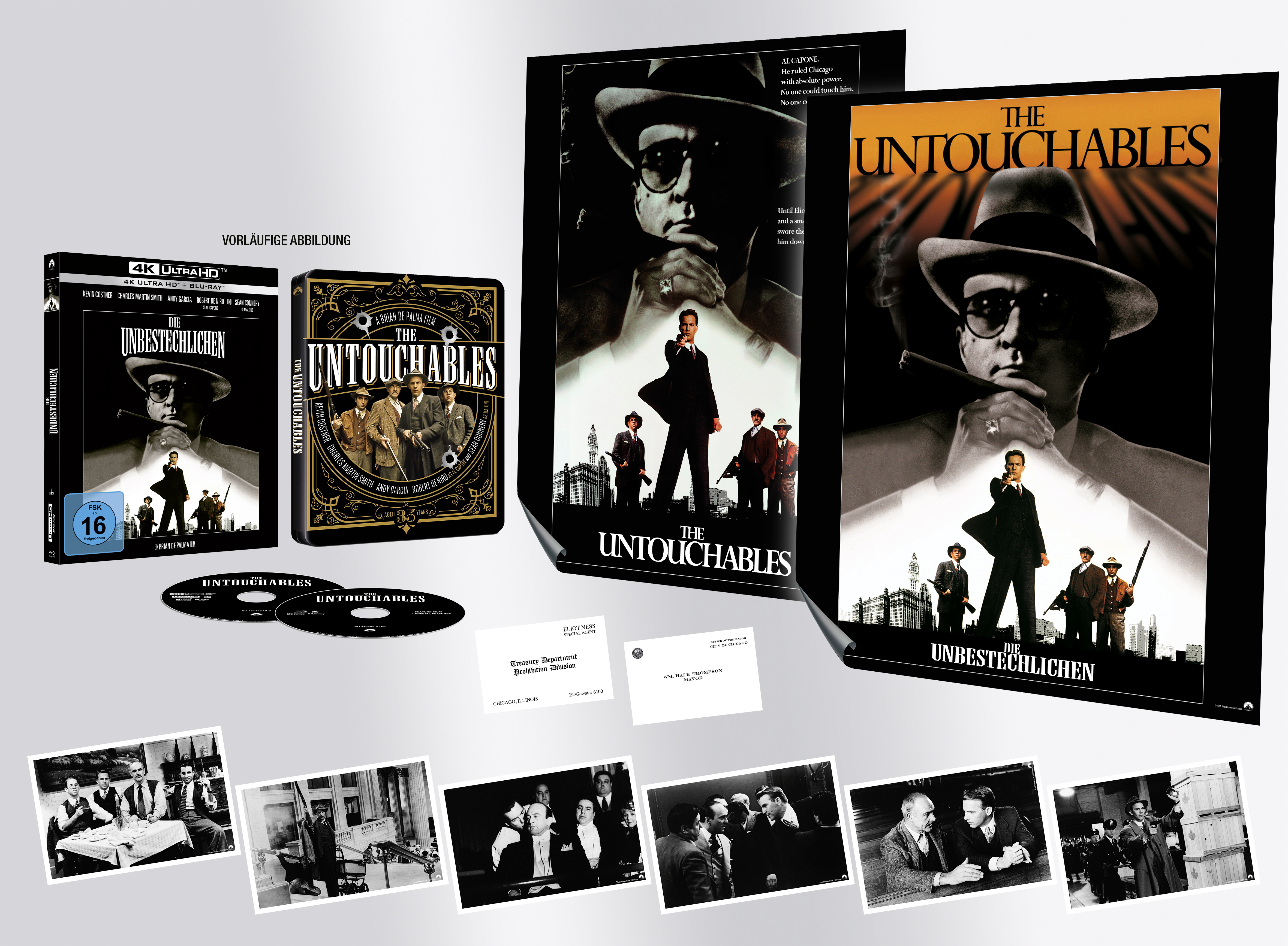 Sammlung von 'The Untouchables'-Filmmaterialien, darunter Blu-ray, Poster und Werbebilder.