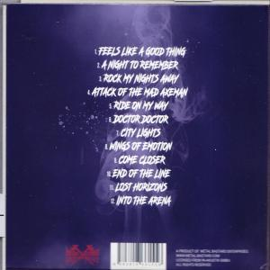 CD album hátlapja dalkíméletekkel és füsthatású logóval.