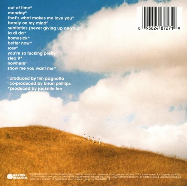 Rückseite einer CD-Hülle mit Songtiteln und einem kleinen Foto einer Band auf einem Feld.