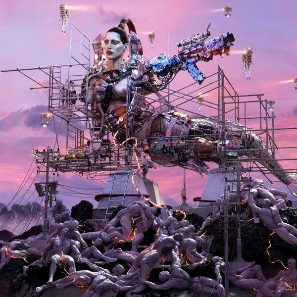 Surreale Kunst eines Roboterwesens mit menschlichen Zügen, vor pinkem Himmel.