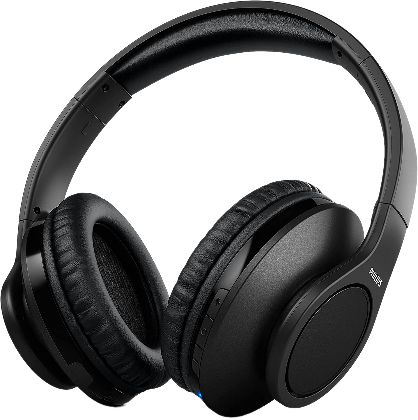 Casque Philips noir avec un accent bleu et un fond noir.