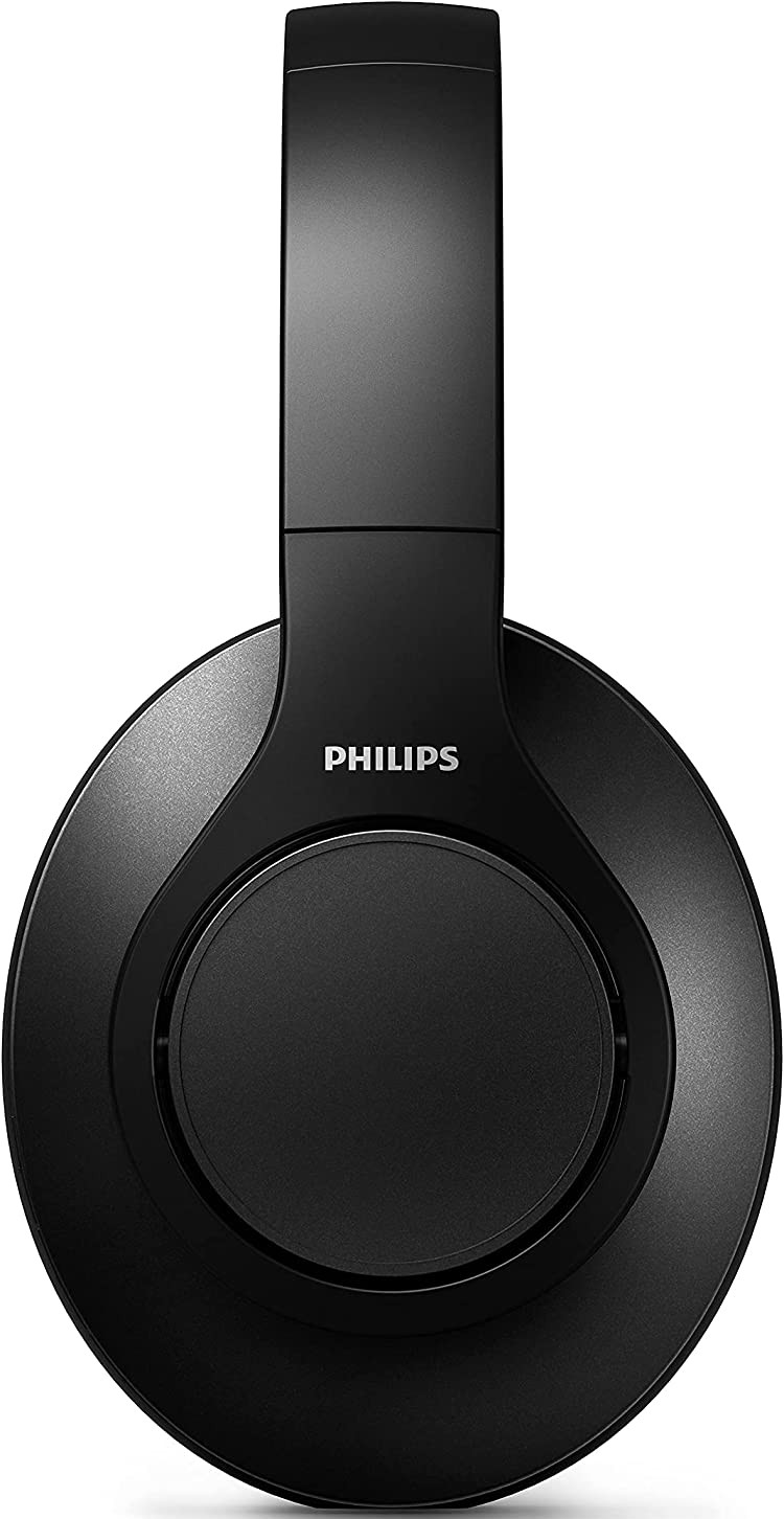 Casque Philips noir circum-auriculaire, vu de face, avec le nom de la marque visible.