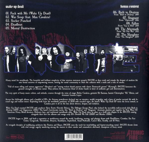 Das Albumcover von Incite's "Wake Up Dead". Zeigt die Bandmitglieder und die Titelliste des Albums.