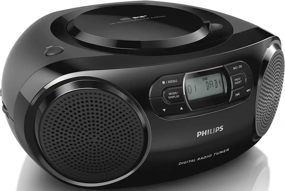 Black CD player with buttons, speakers, and display. The brand name PHILIPS is clearly visible.
