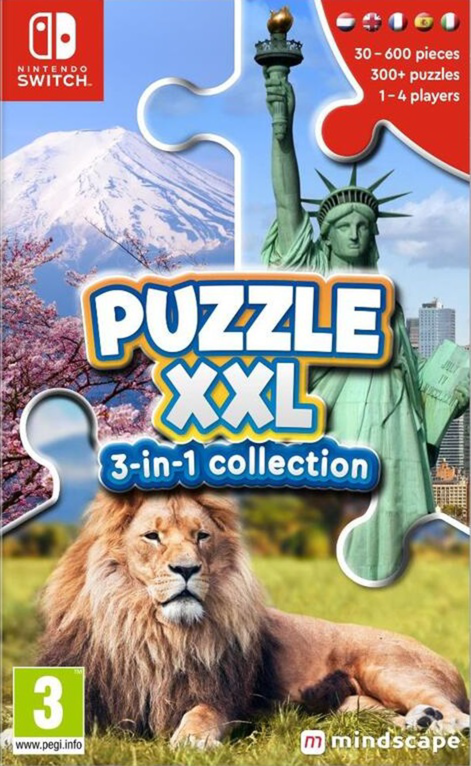 Puzzle XXL doos met Vrijheidsbeeld, leeuw en berg.