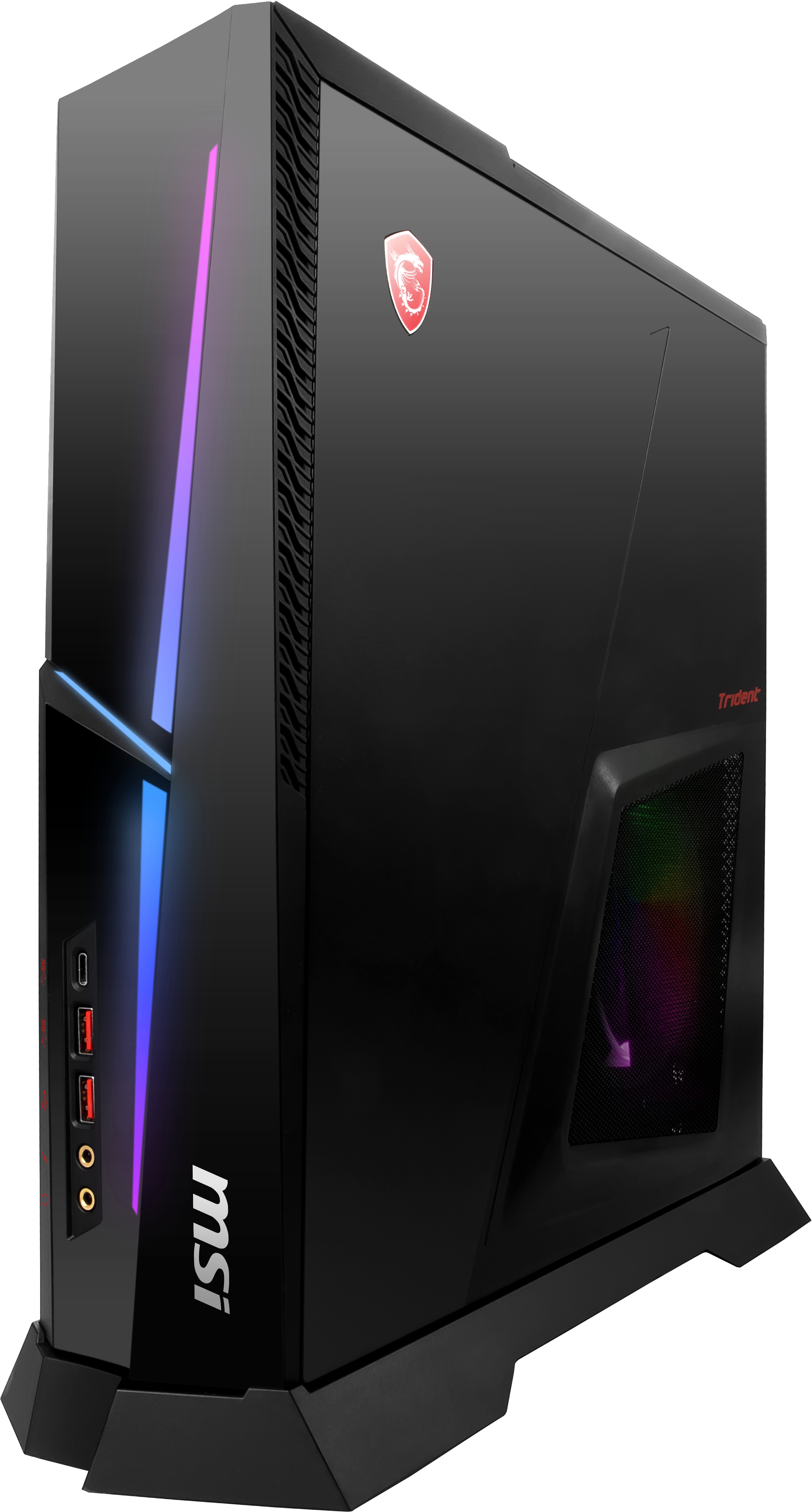 Ein schwarzer MSI Trident Gaming-PC mit farbigen LED-Lichtern, abgewinkelt, um seine Seite zu zeigen.