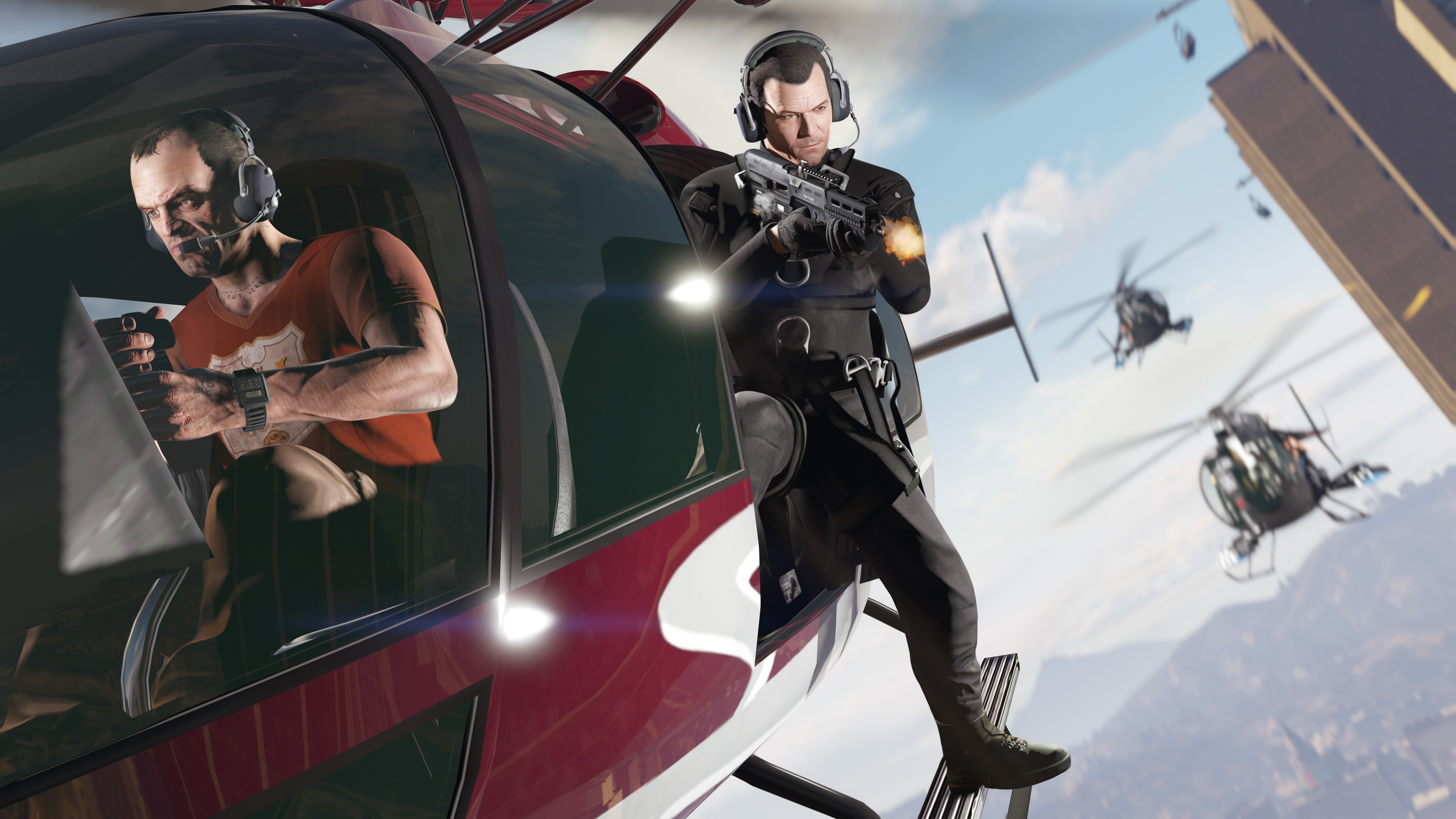 Männer in einem Hubschrauber, einer hält eine Waffe, der andere steuert. Weitere Hubschrauber im Hintergrund.