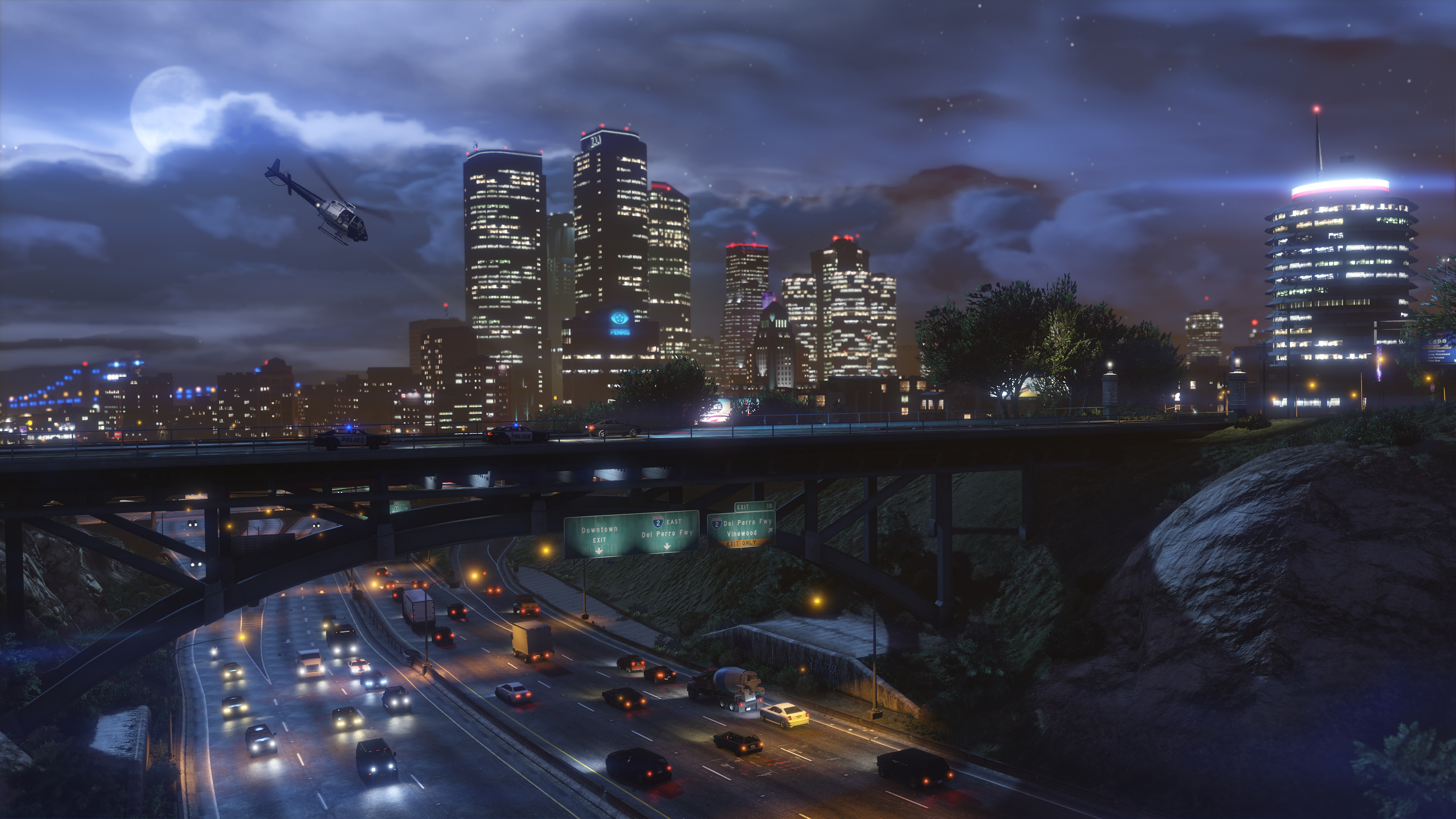 Nachtansicht der Stadt, Autobahn mit Autos, hohe Gebäude, Hubschrauber, Mond und Sterne.