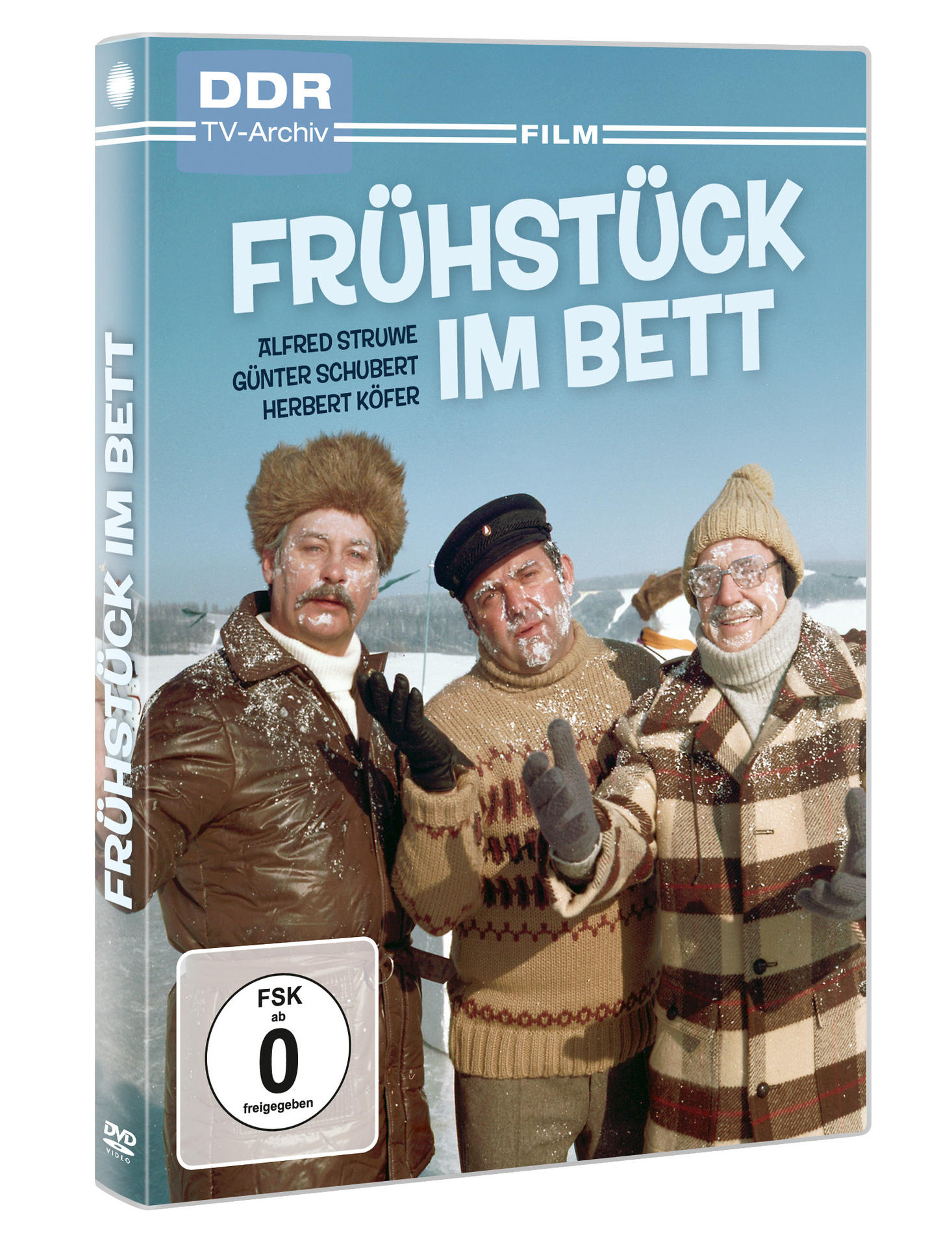 DVD-Cover für einen deutschen Film mit drei Männern in Winterkleidung. Text: Frühstück im Bett.