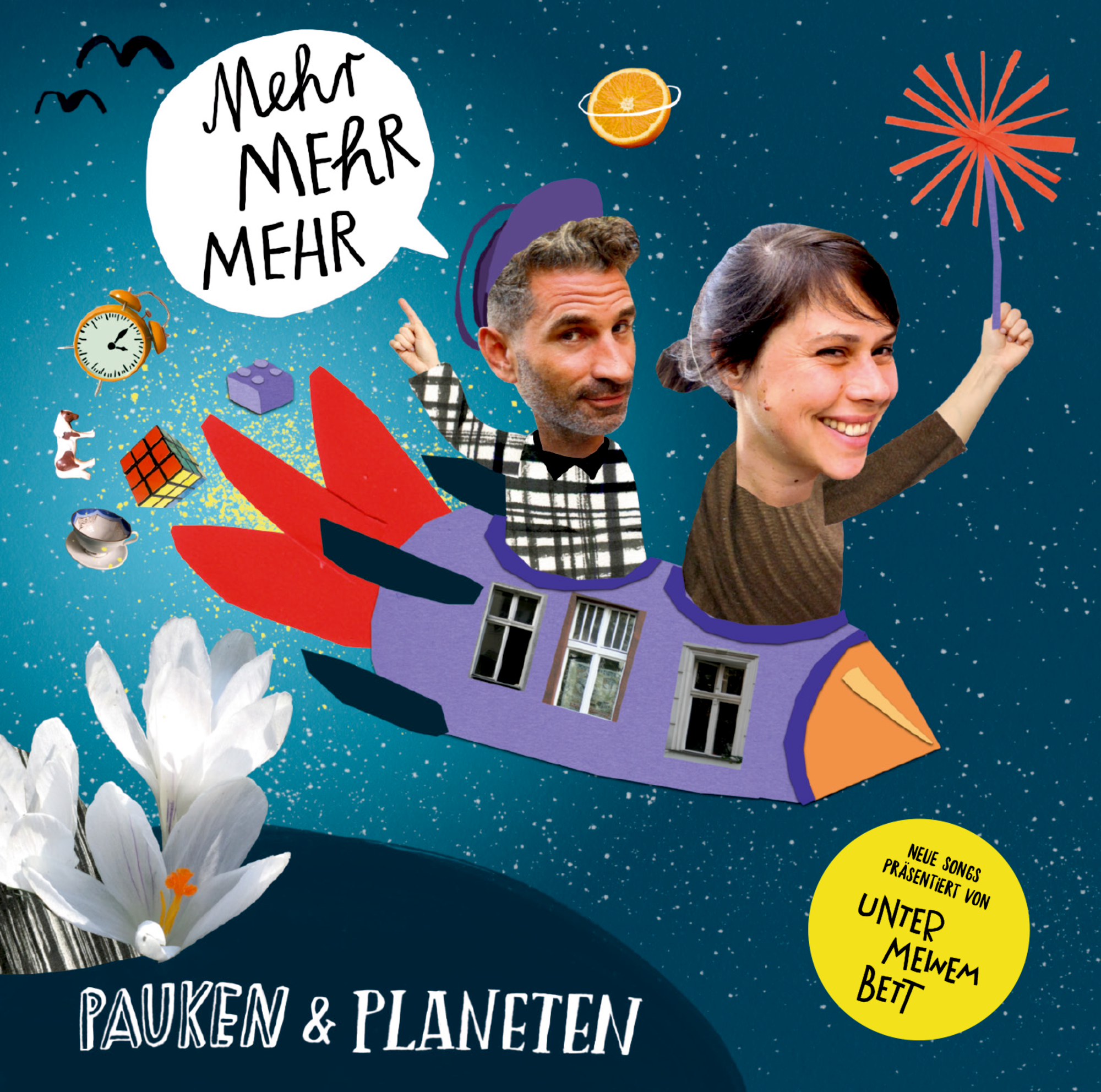 Illustration von zwei Personen in einer Rakete, mit Sprechblase und Text.