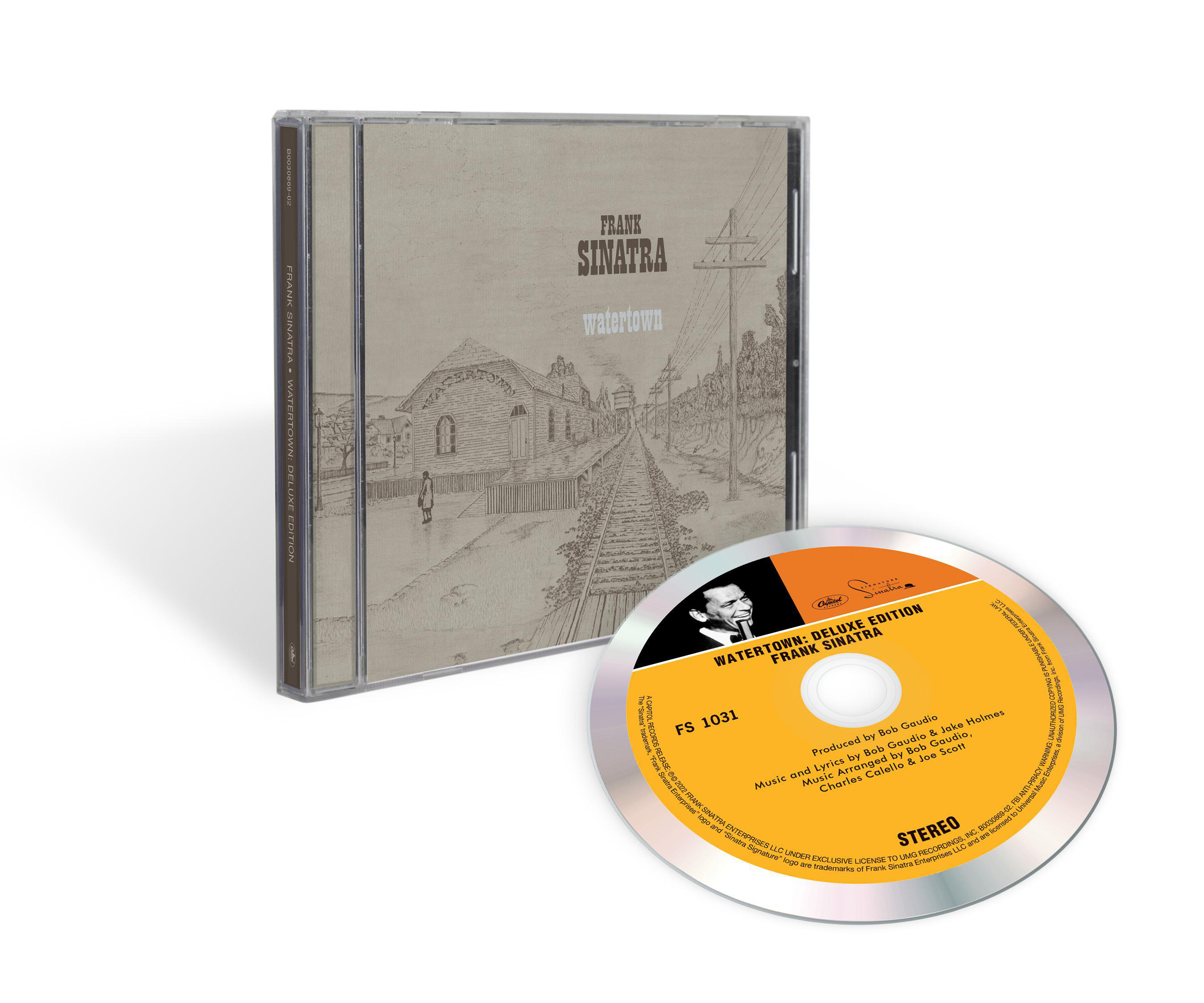 Frank Sinatras 'Watertown' CD und Hülle mit Cover-Art eines Bahnhofs.