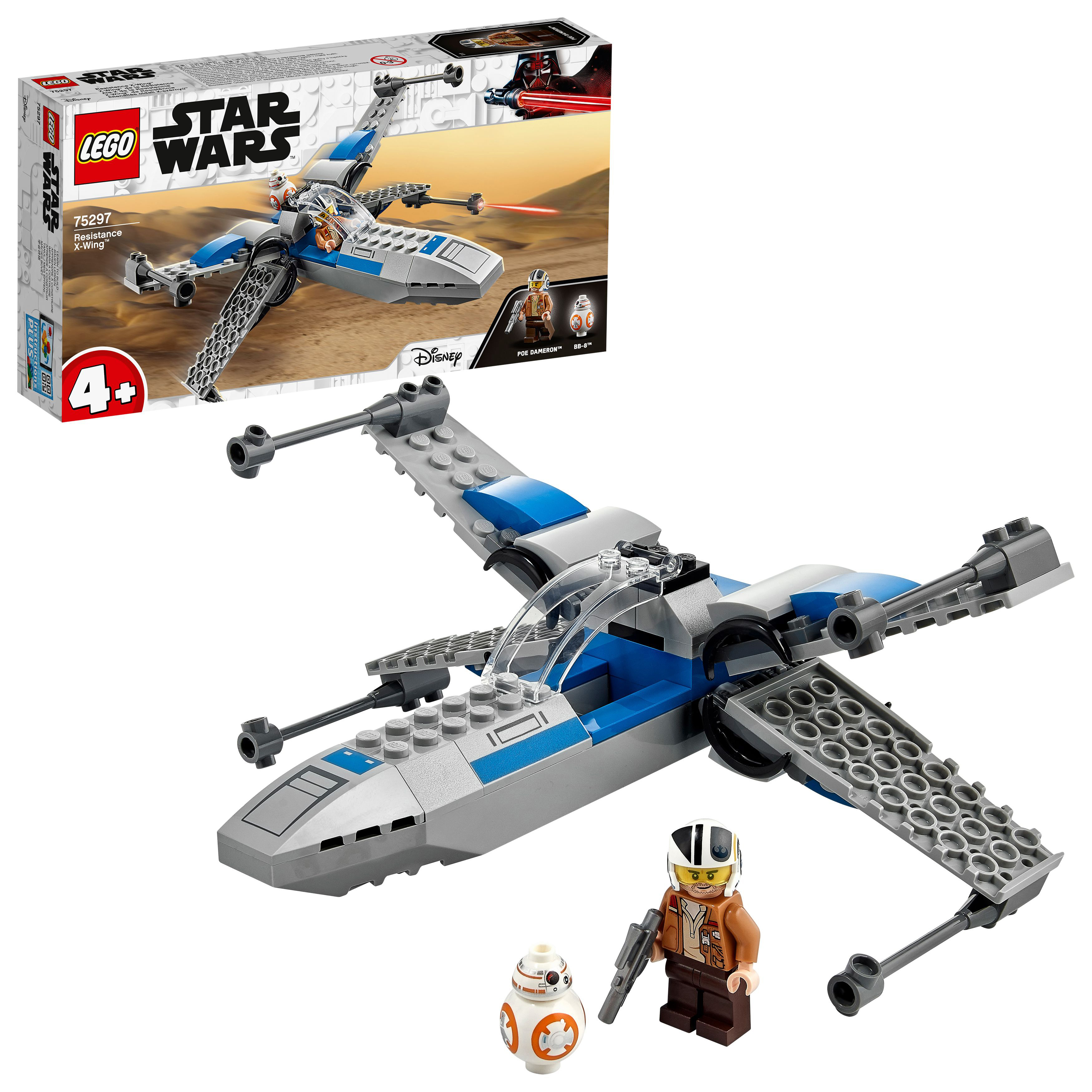 Lego Star Wars Set mit X-Wing-Jäger, Figuren und Box.