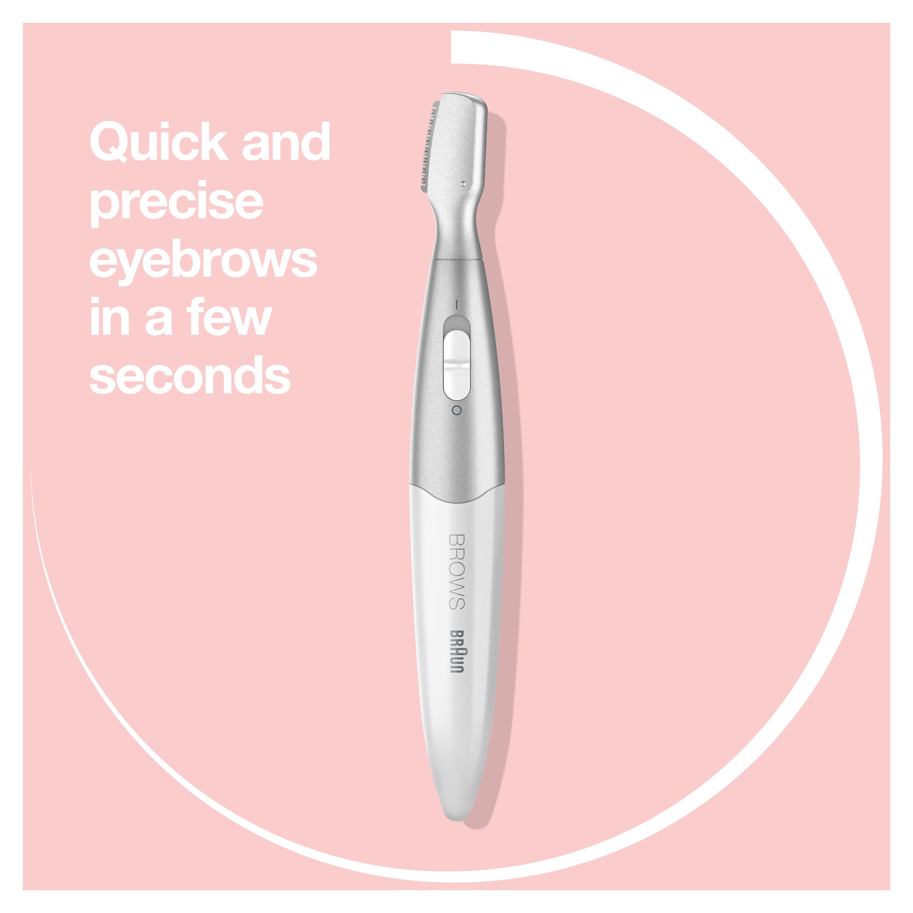 Eyebrow trimmer against a pink background, with text 'Quick and precise eyebrows'.