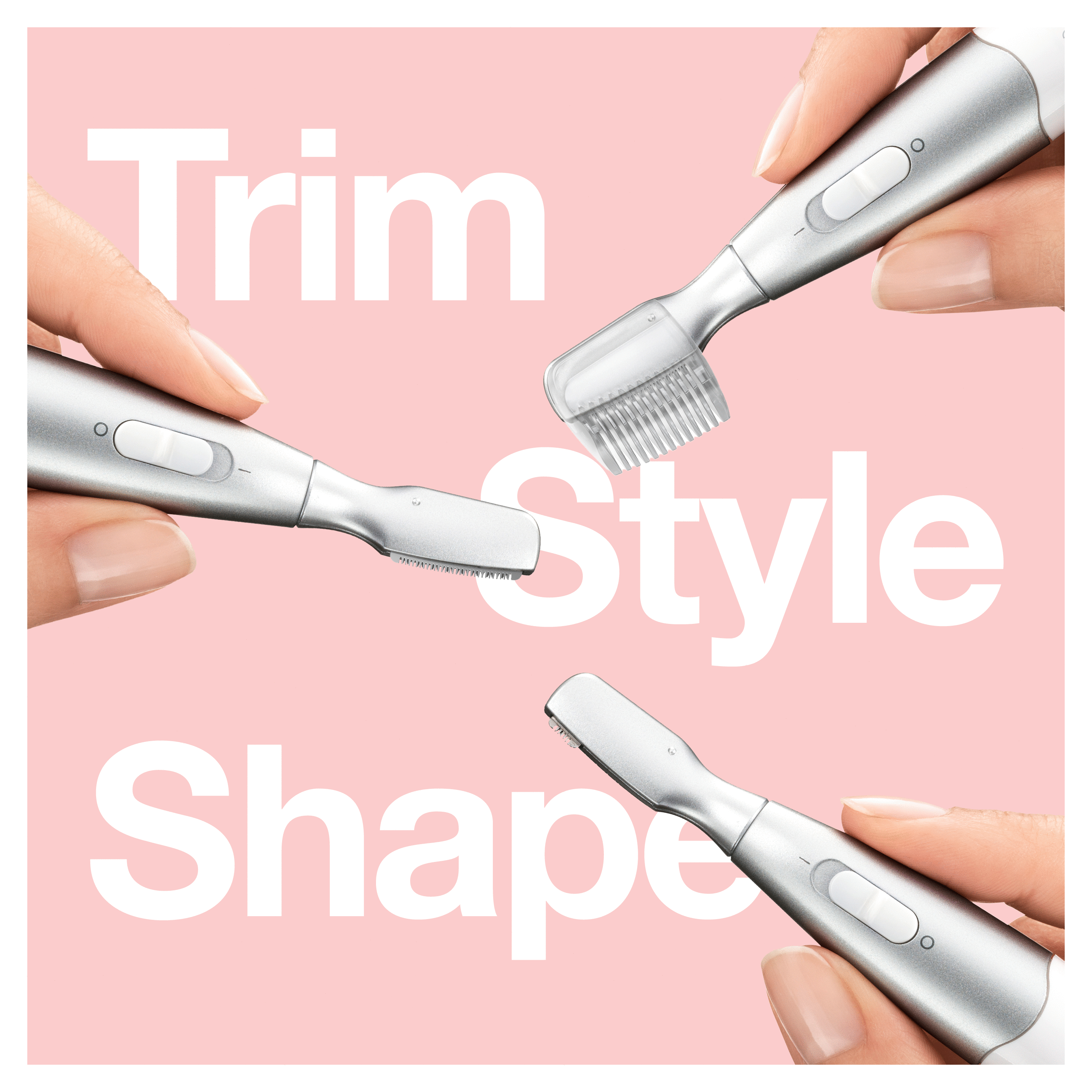 Hands holding multiple silver grooming tools, with text stating 'Trim', 'Style', and 'Shape'.