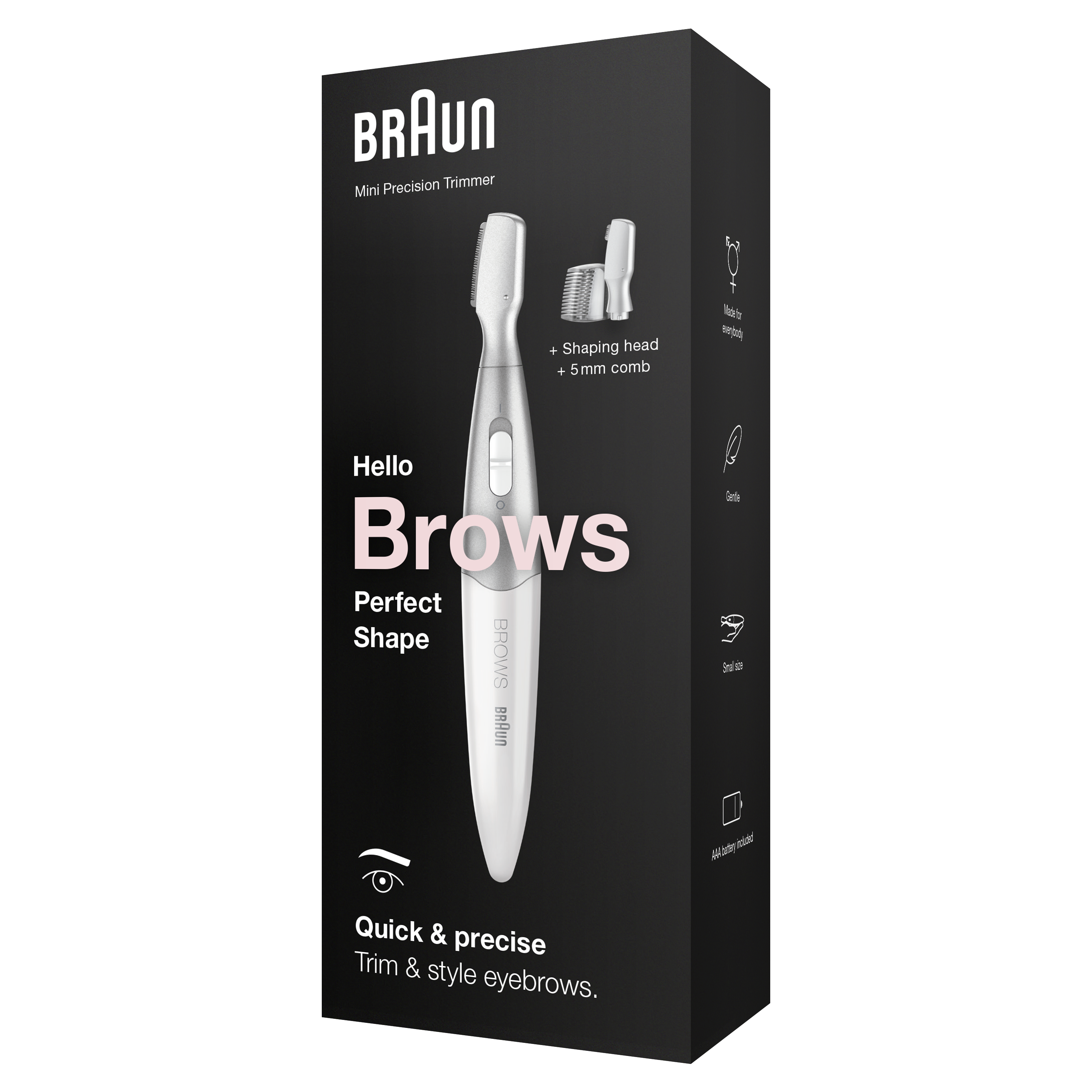 Black Braun Mini Precision Trimmer with a box and text about eyebrow shaping and trimming.