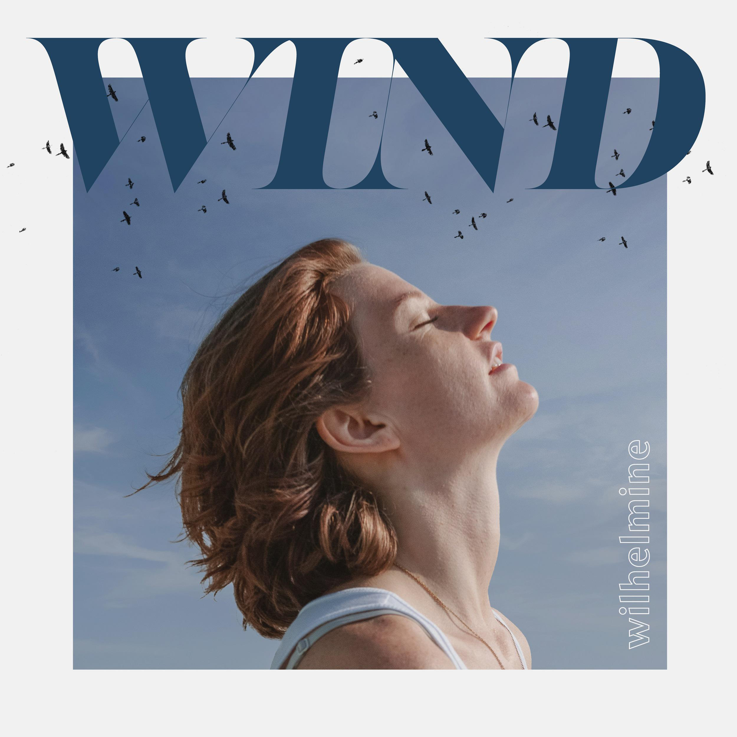 Eine Frau blickt in den Himmel, mit dem Wort WIND oben und wilhelmine unten.