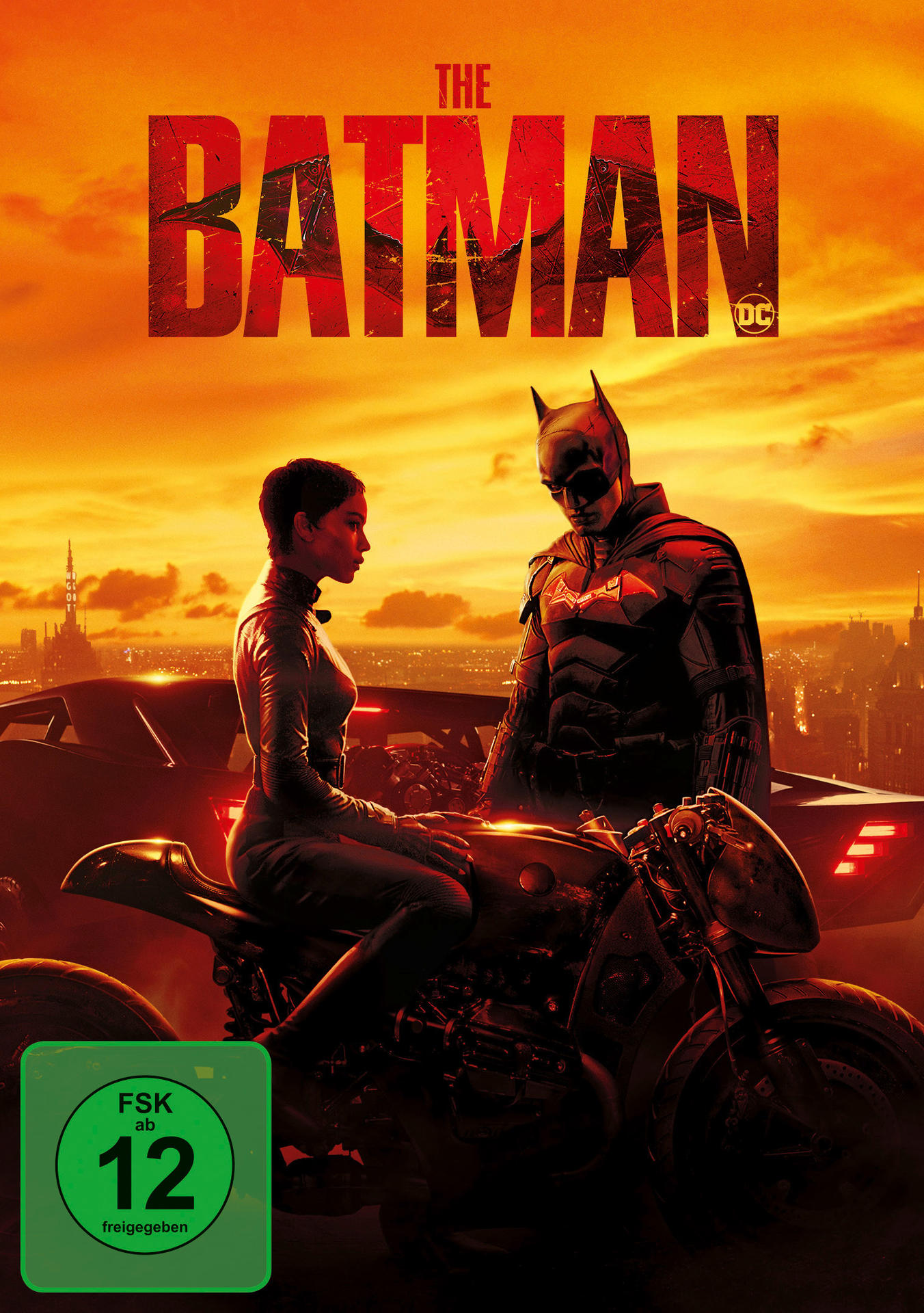 Das Batman-Filmplakat. Batman und Catwoman stehen zusammen, mit einem Motorrad im Vordergrund.