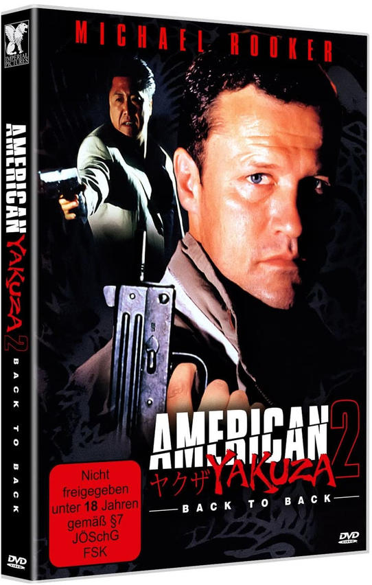 DVD-Hülle für 'American Yakuza 2' mit zwei Männern mit Waffen, dunkler Hintergrund.