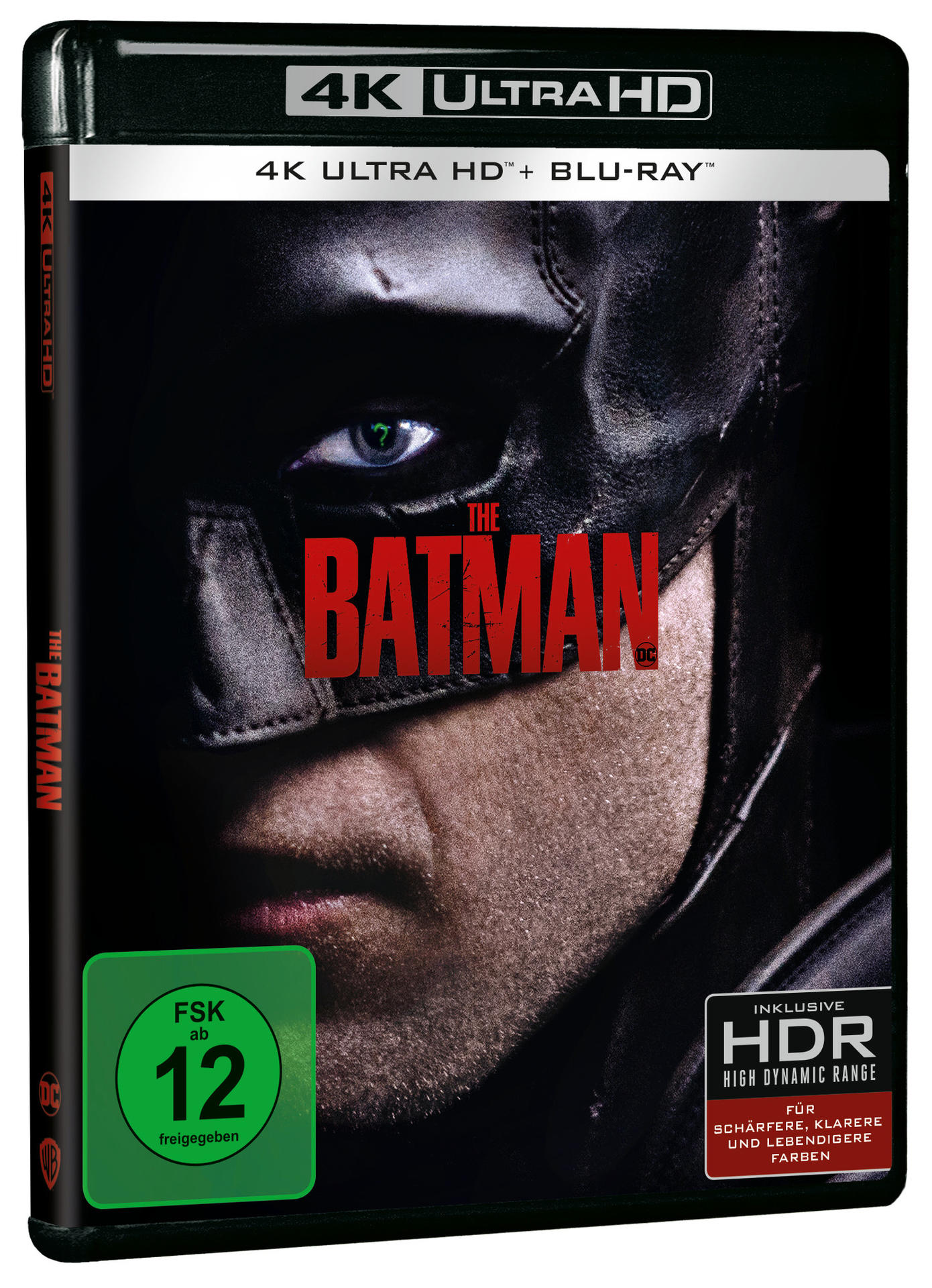 4K Ultra HD Blu-ray-Hülle des Films The Batman. Das Cover zeigt Batmans Gesicht im Dunkeln. Grüner Bewertungsticker.