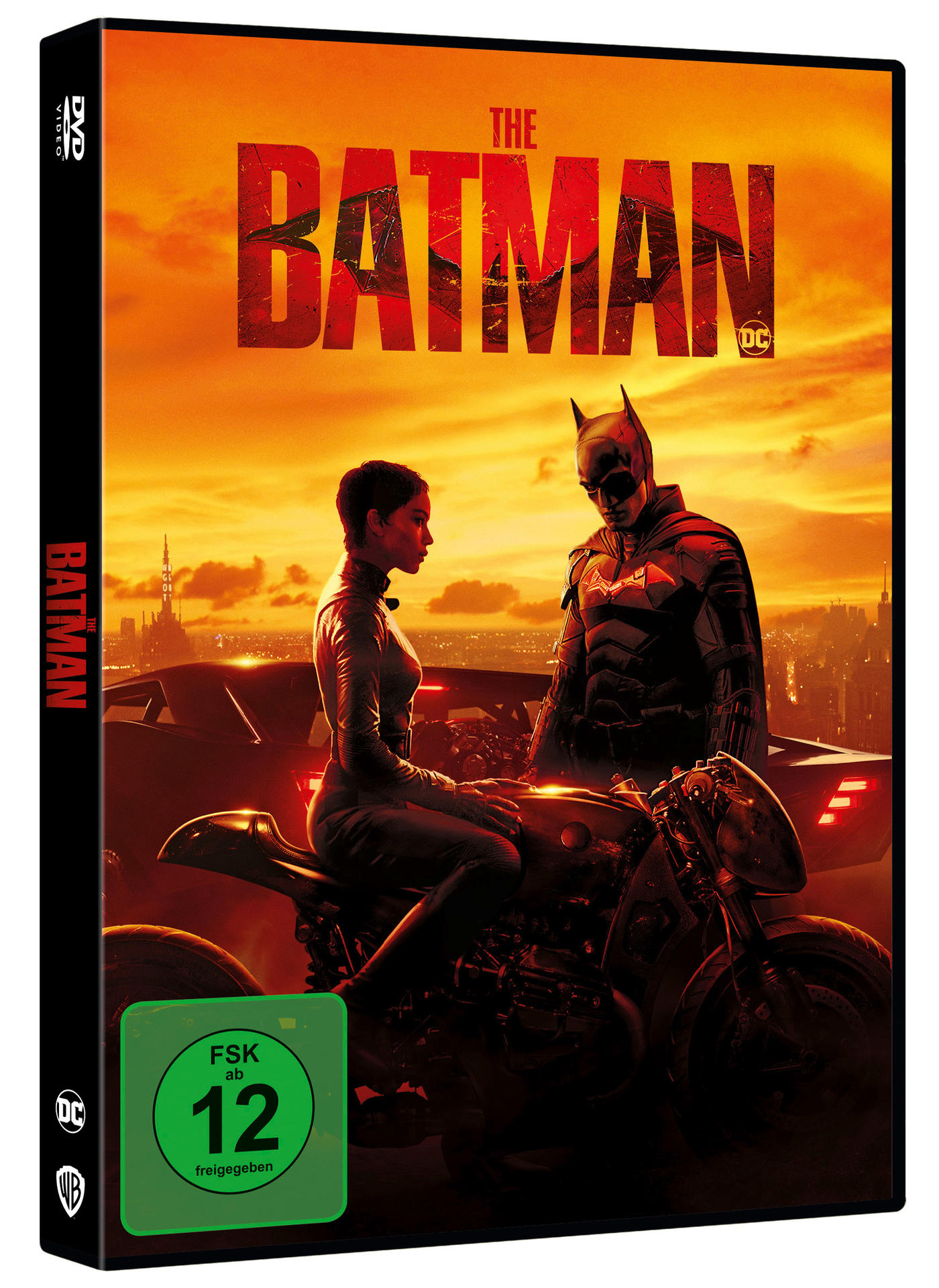 DVD-Cover des Films 'The Batman'. Es zeigt Batman und Catwoman auf einem Motorrad.