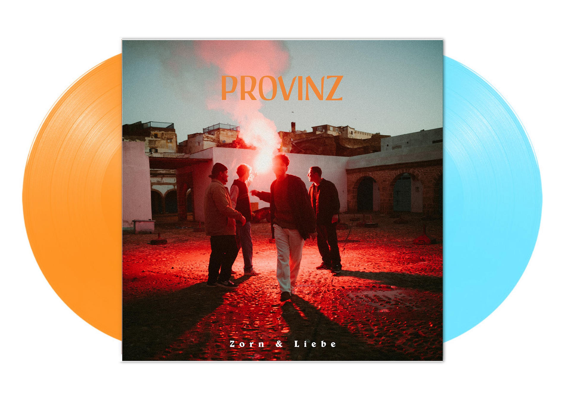 Vinyl-Albumcover, vier Personen vor rotem Licht, orangefarbene und blaue Schallplatten.