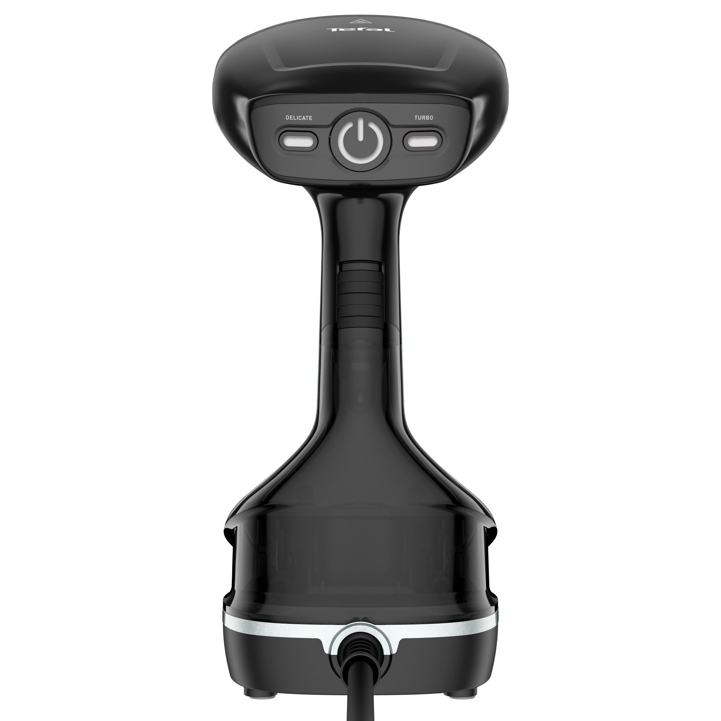 Schwarzer Handdampfer. Hat Strom- und Fein/Turbo-Tasten. Modernes Design auf weißem Hintergrund.