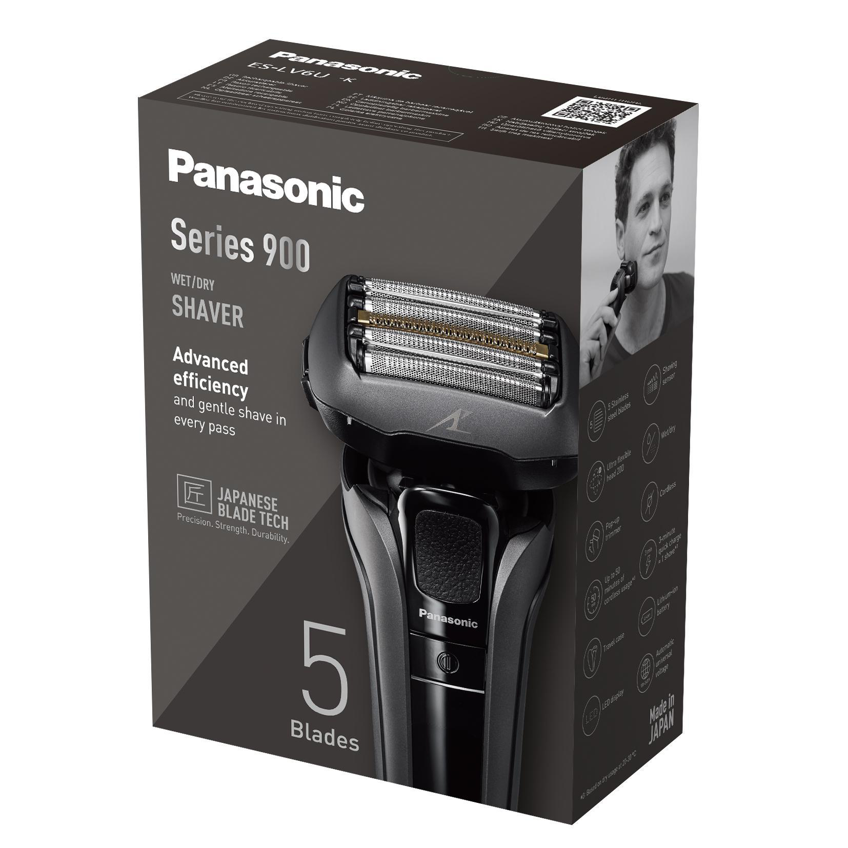 Panasonic Series 900 Wet/Dry Rasierer-Box. Rasierer mit Klingen auf der Vorderseite.