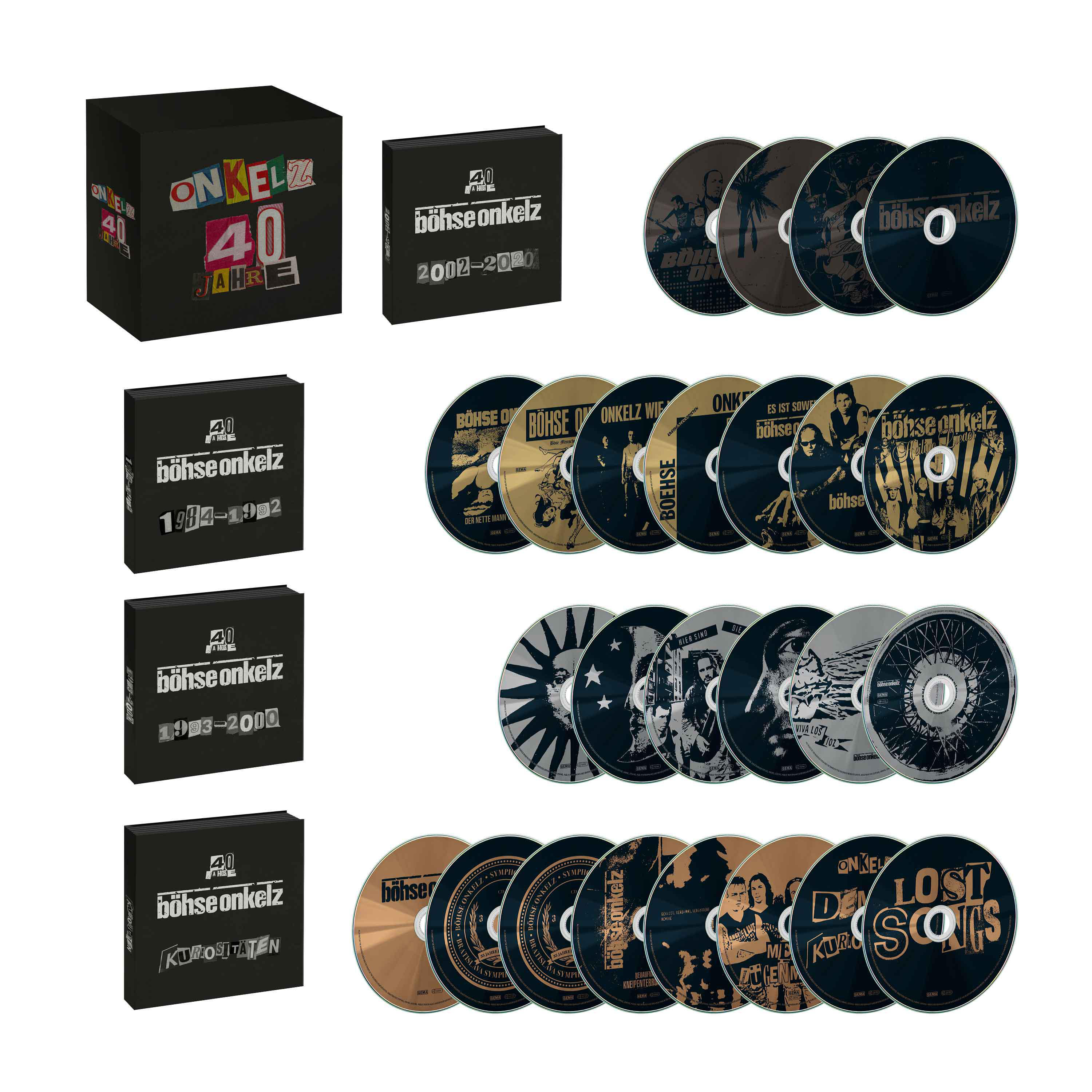 Mehrere Onkelz-Albumboxen und CDs. Verschiedene Albumcover und CD-Designs sichtbar.