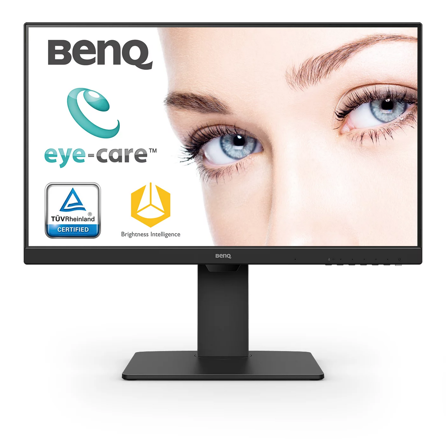 Un monitor de computadora negro con una cara femenina en la pantalla. BenQ y otros logotipos visibles.