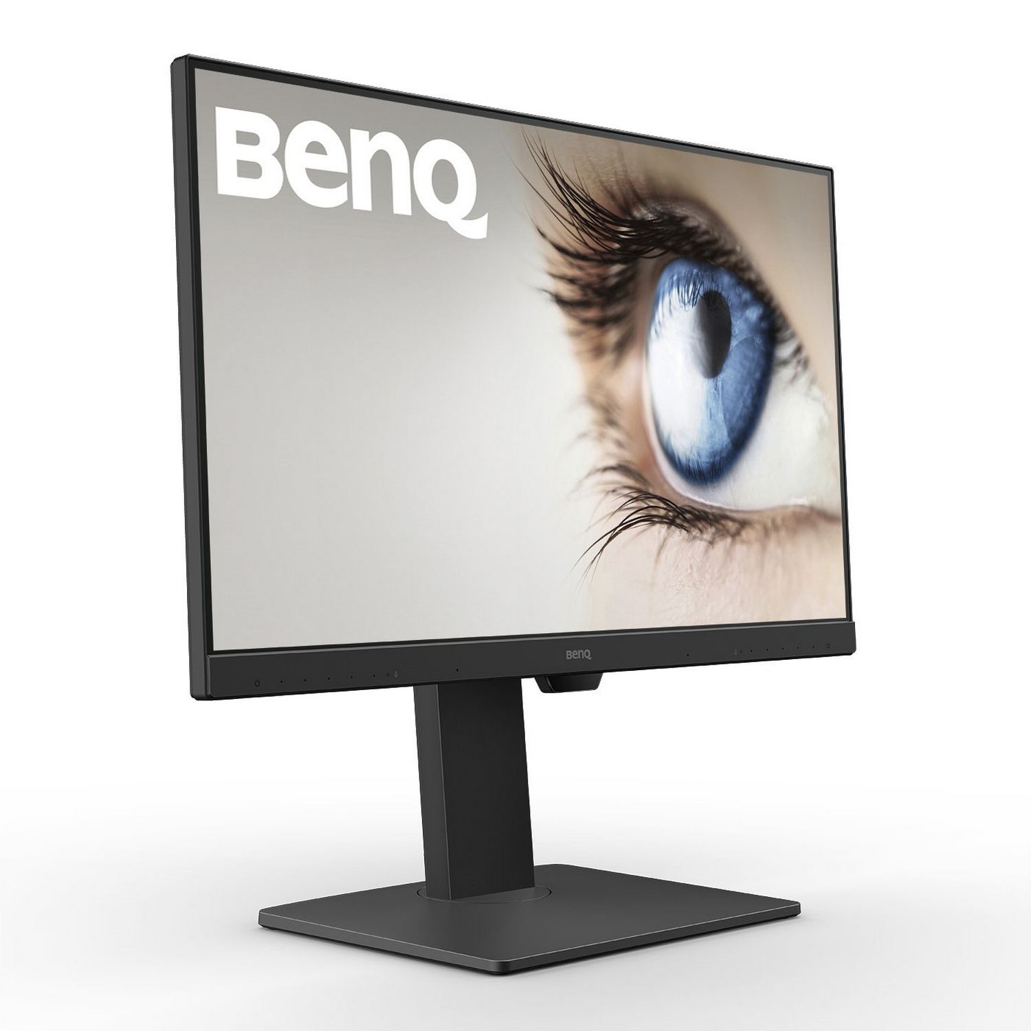 Monitor BenQ negro sobre un soporte, mostrando un primer plano de un ojo. Logo BenQ blanco.