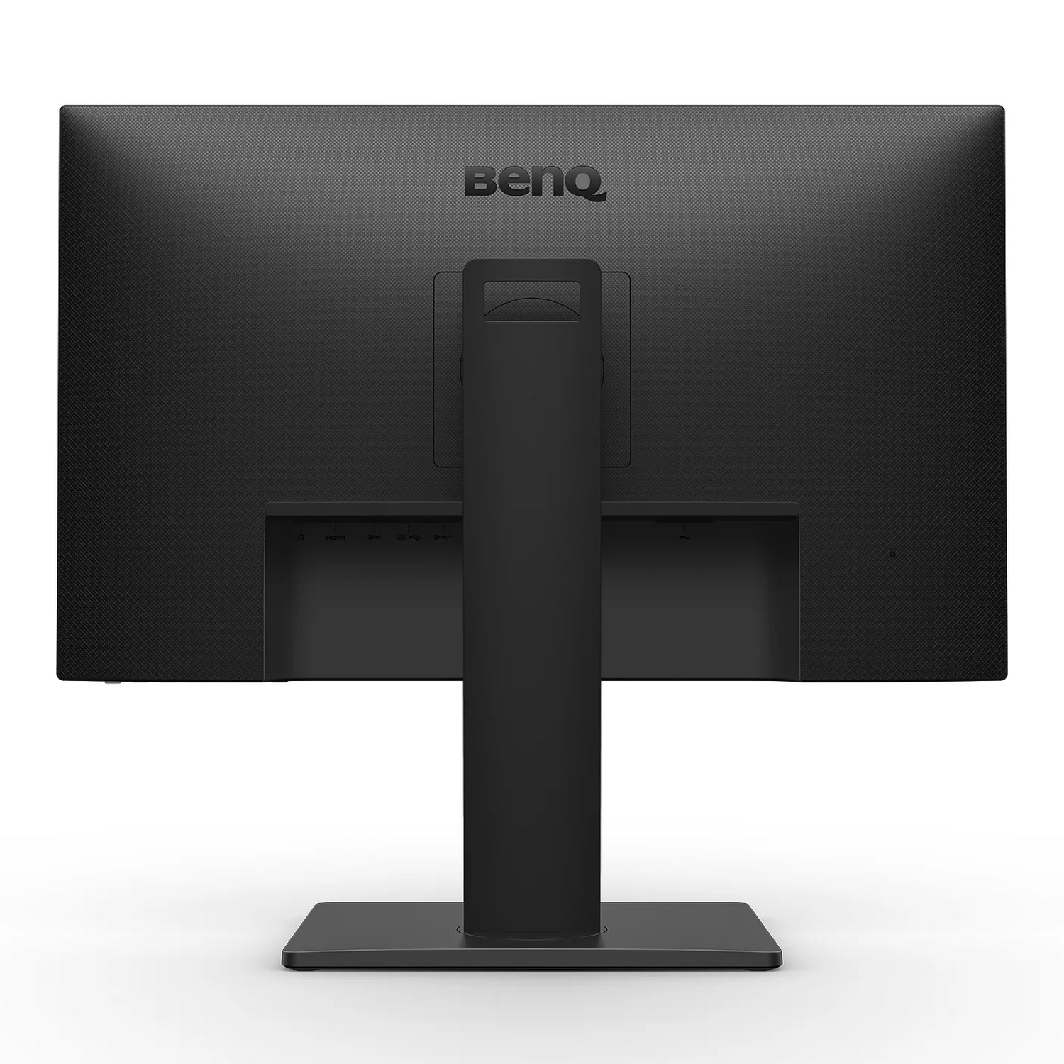 Vista trasera de un monitor BenQ negro sobre superficie blanca.