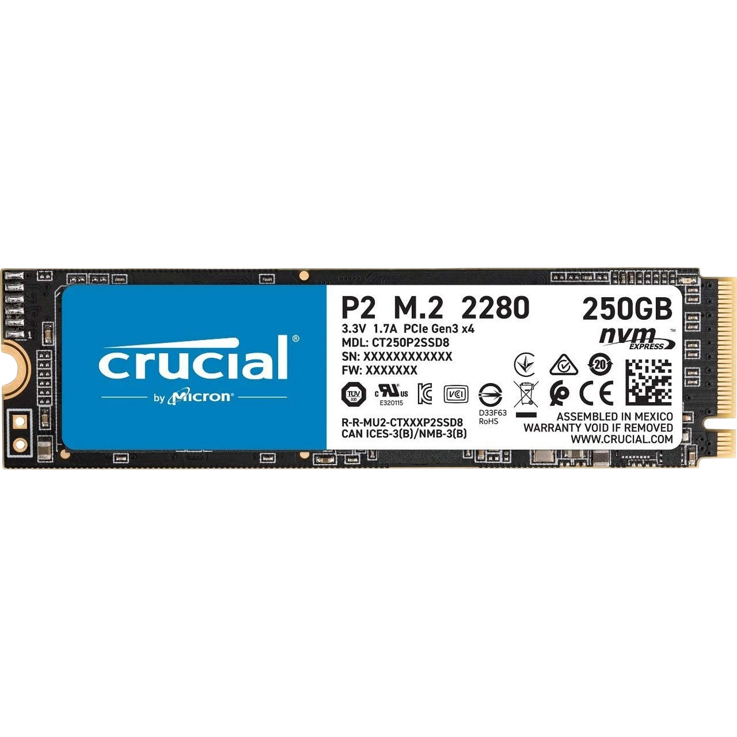 Disco duro SSD interno 250GB - Crucial CT250P2SSD8, 2100 MB/s , Negro