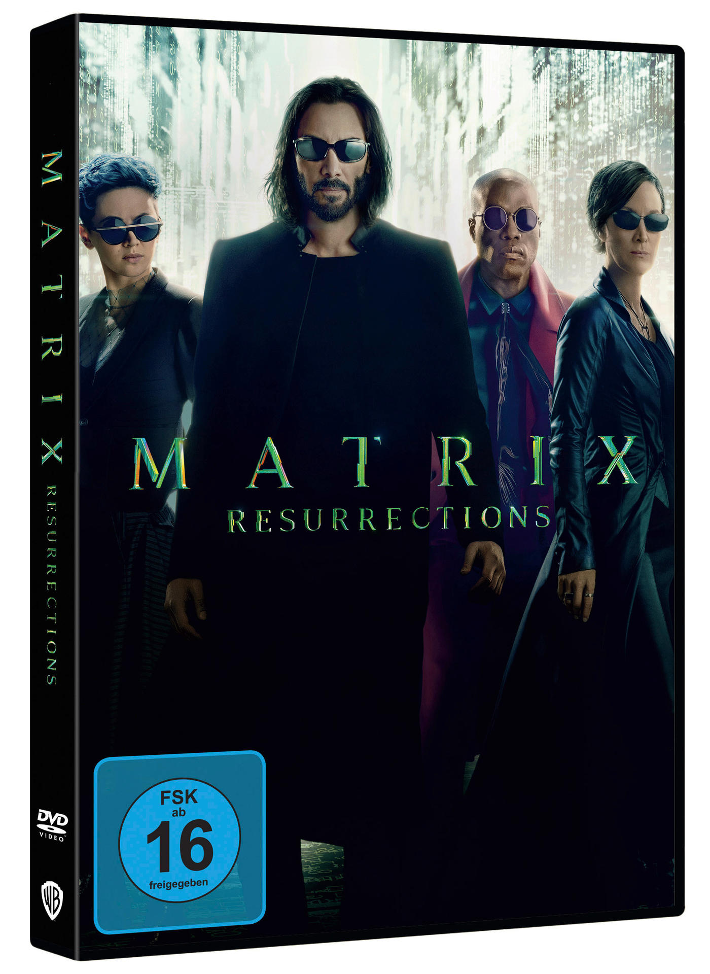 DVD-Hülle von 'Matrix Resurrections' mit Schauspielern. Schwarze Hülle, blaues Bewertungssymbol.